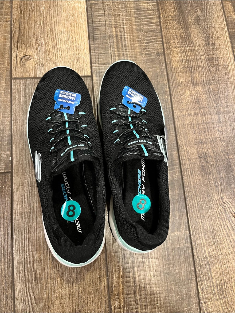 Skechers Men’s Black Slip-On Mesh Sneakers with Teal Accents